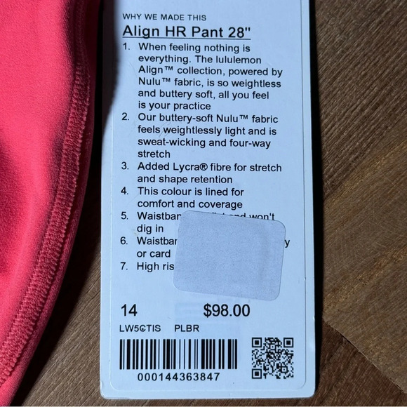 #0154 Lululemon Align High-Rise Pant 28", Pale Raspberry, Size 14 - Picture 8 of 13